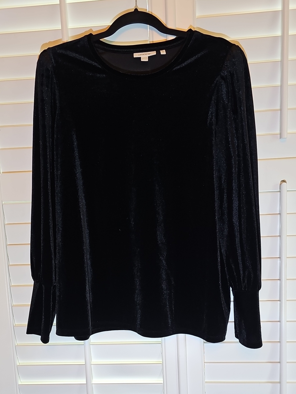 Chico's Black Velvet Long-Sleeve Top with Subtle Puff Sleeves